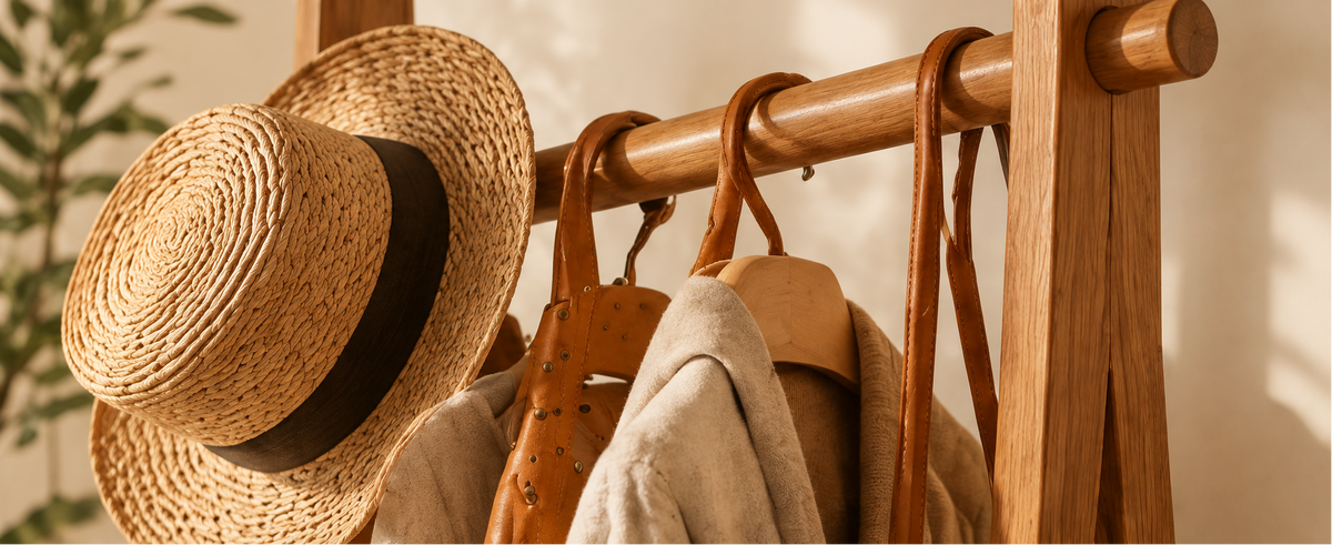 Wooden coat rack styled in a warm, natural home